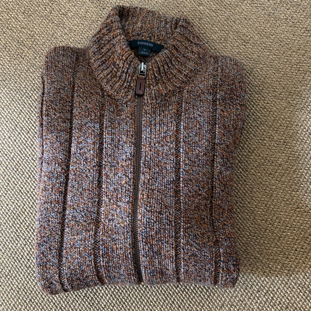 Express Men's Zip-Up Sweater in Brown and light blue